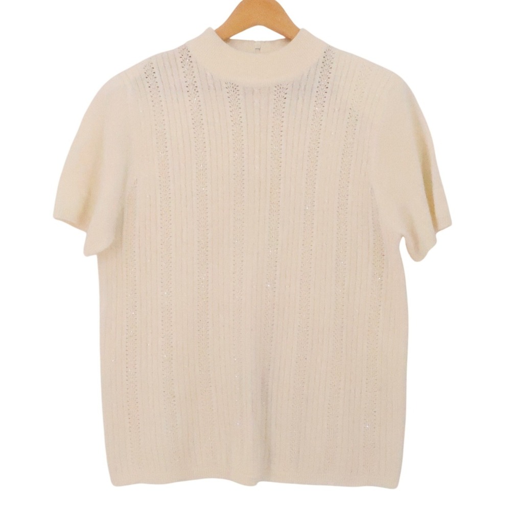 Vintage 90s Mock Neck Short Sleeve Sweater Sequin Womens Size M Cream Wool Blend